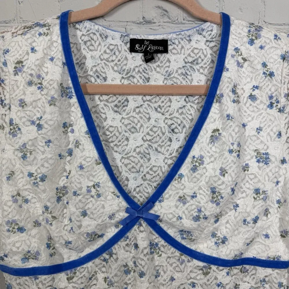 Coquette Y2K Sheer Lace Floral Blouse Junior Large Blue Trim Bow Top Romantic